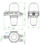 Oventrop Heizölfilter und Heizölentlüfter in technischen Zeichnungen, Ansicht von vorne, oben und seitlich mit Maßangaben und Details zu Anschlüssen.G 3/8 IG und G 3/8 AG.